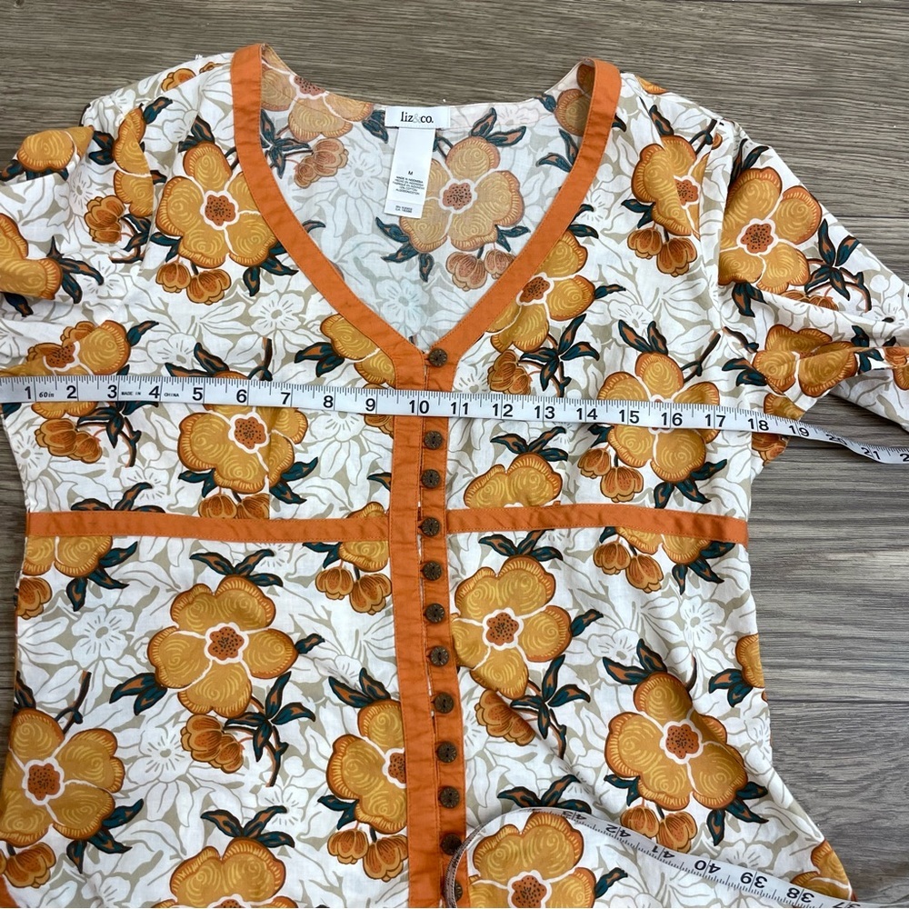 Liz & Co Vintage Cotton White & Orange Floral Button Front Peasant Blouse - Picture 7 of 10